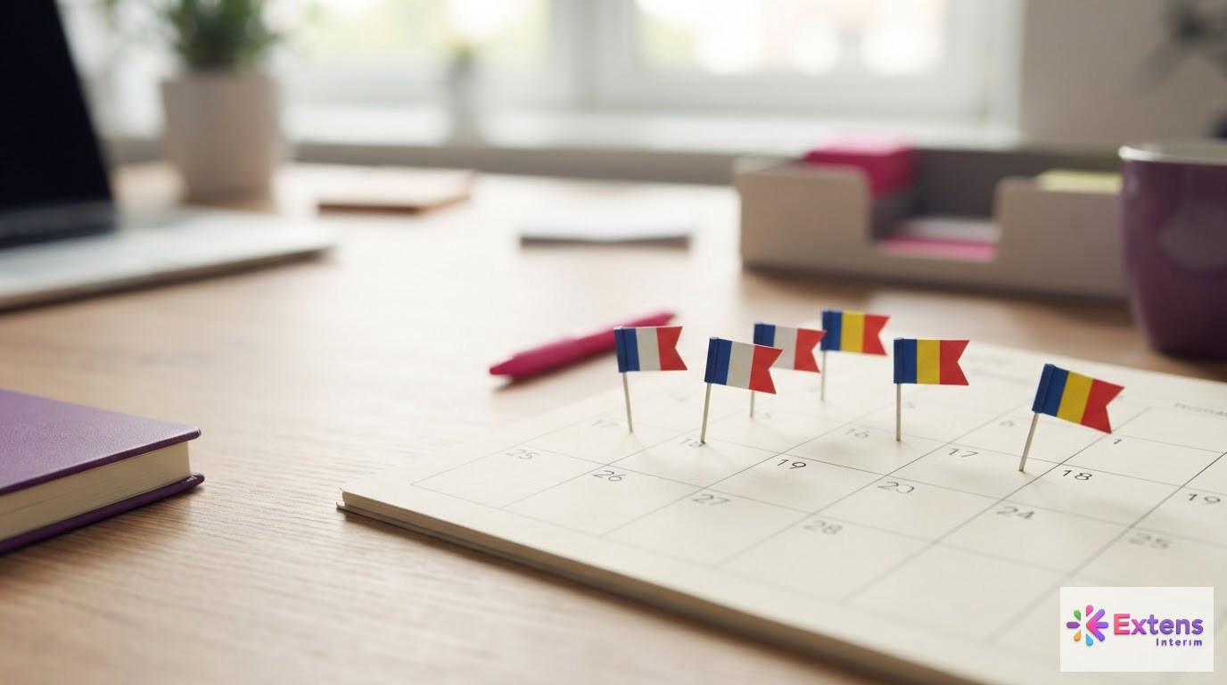 Calendrier RH avec drapeaux illustrant la planification du recrutement.