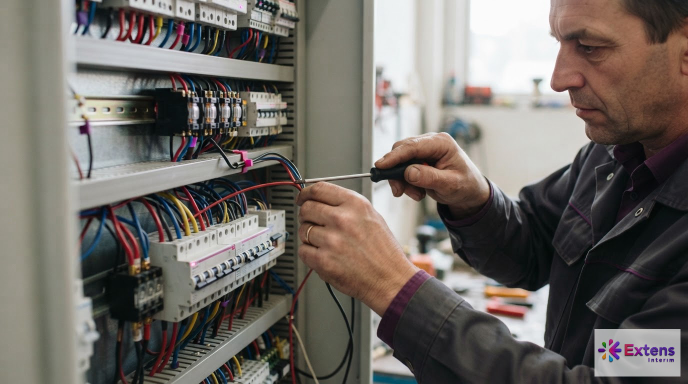 Électricien qualifié travaillant sur un tableau technique complexe.