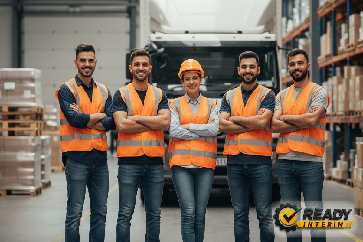 Travailleurs logistiques roumains souriants devant un camion de livraison.