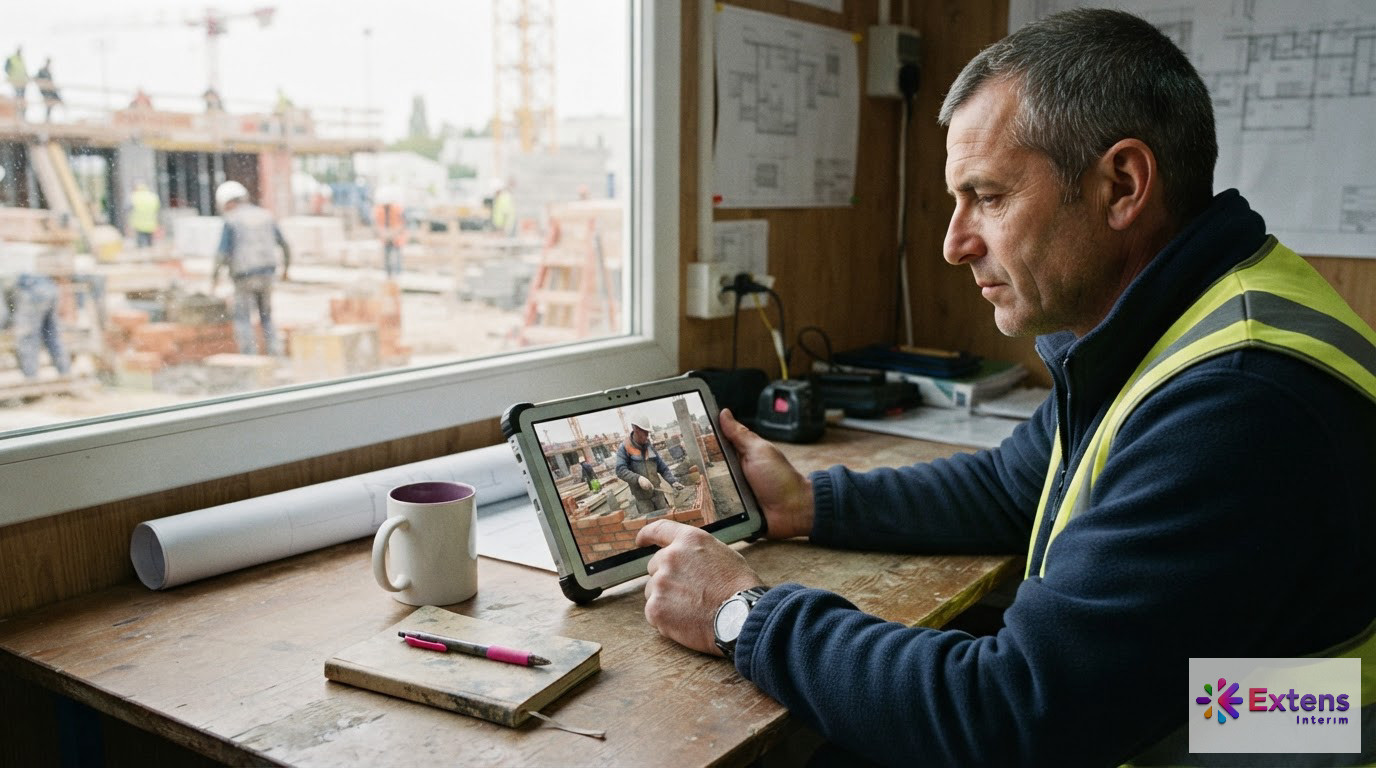 Un chef de chantier évalue une vidéo de test technique sur tablette.