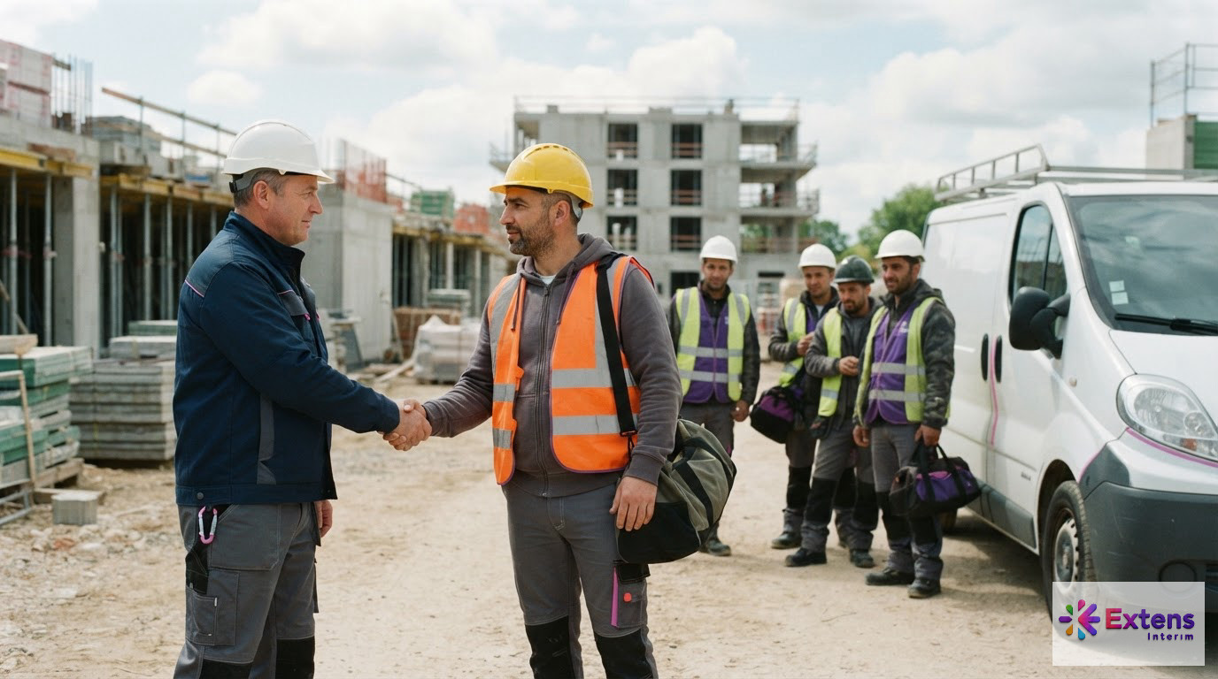 Des maçons roumains arrivent sur un chantier français avec leurs équipements.