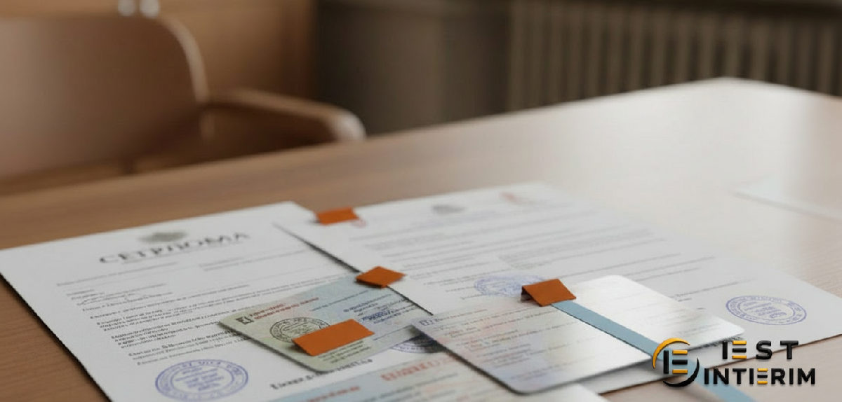Documents officiels bulgares et français sur une table, symbolisant la checklist de recrutement.