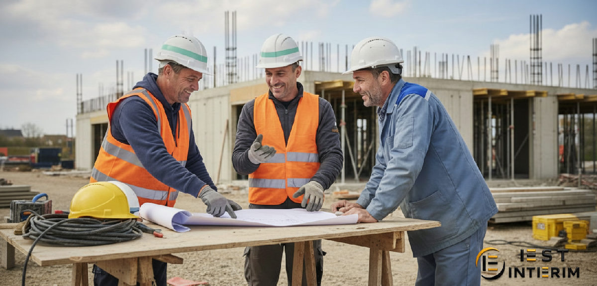 Ouvriers bulgares et français discutant d'un plan sur un chantier en France.