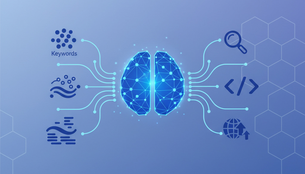 Cervello AI che si collega agli elementi SEO in un'infografica.