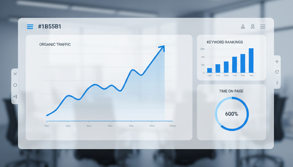 Il dashboard mostra tendenze SEO positive: traffico, classifiche e coinvolgimento.