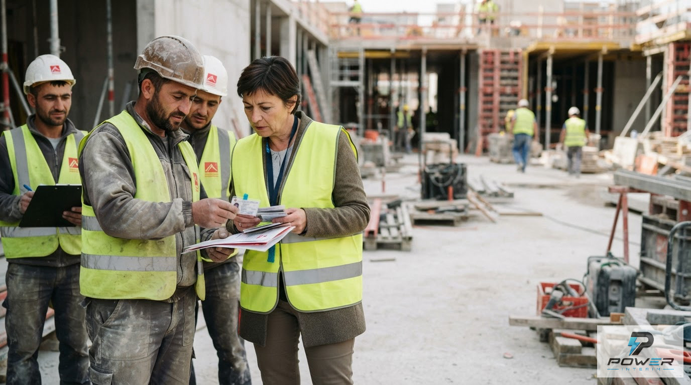Un inspecteur vérifie les documents légaux d'ouvriers sur un grand chantier européen.