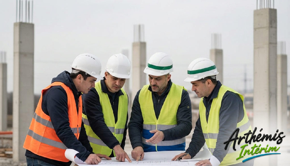 Équipe franco-roumaine du BTP discutant des plans sur un chantier.