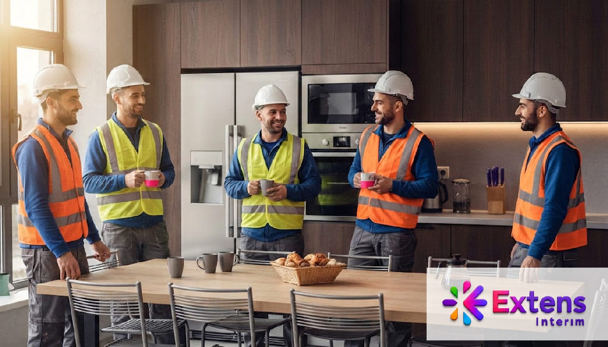 Travailleurs heureux dans une cuisine de logement équipée.