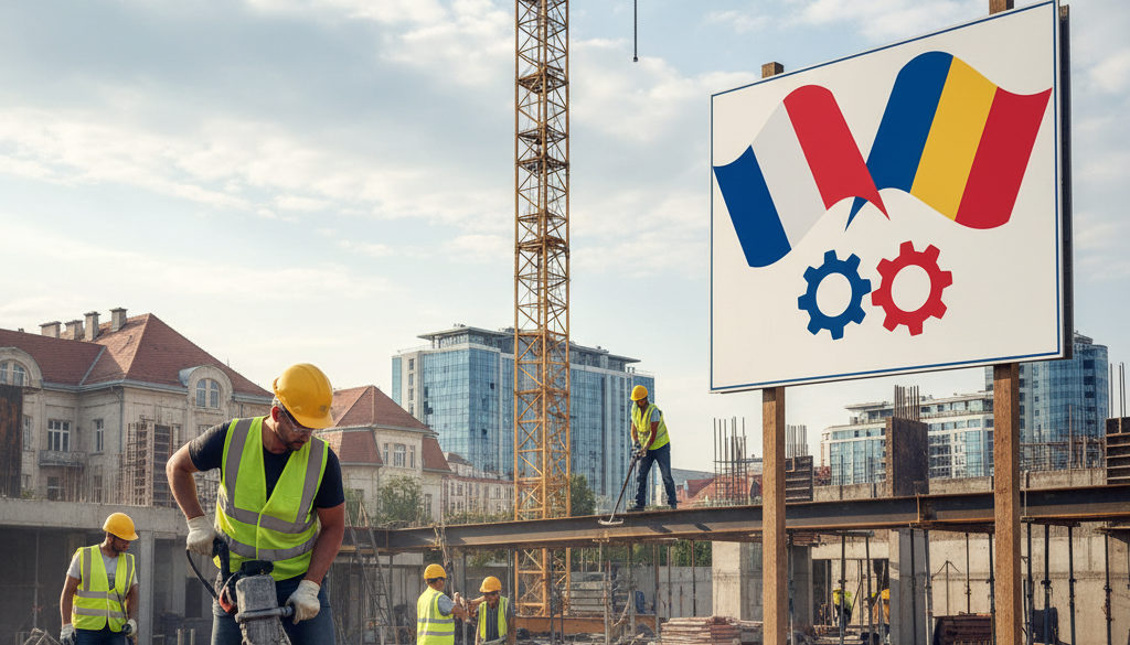 Chantier de construction avec grue et panneau de partenariat franco-roumain.