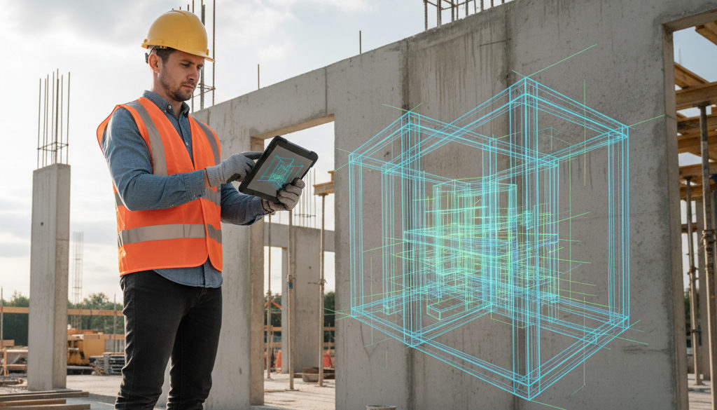 Ouvrier visualisant une maquette BIM en réalité augmentée sur tablette.