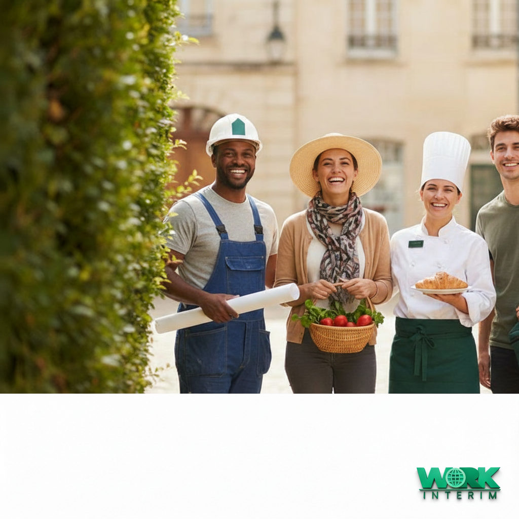 Groupe diversifié d'intérimaires souriants, symbole d'intégration réussie en France.