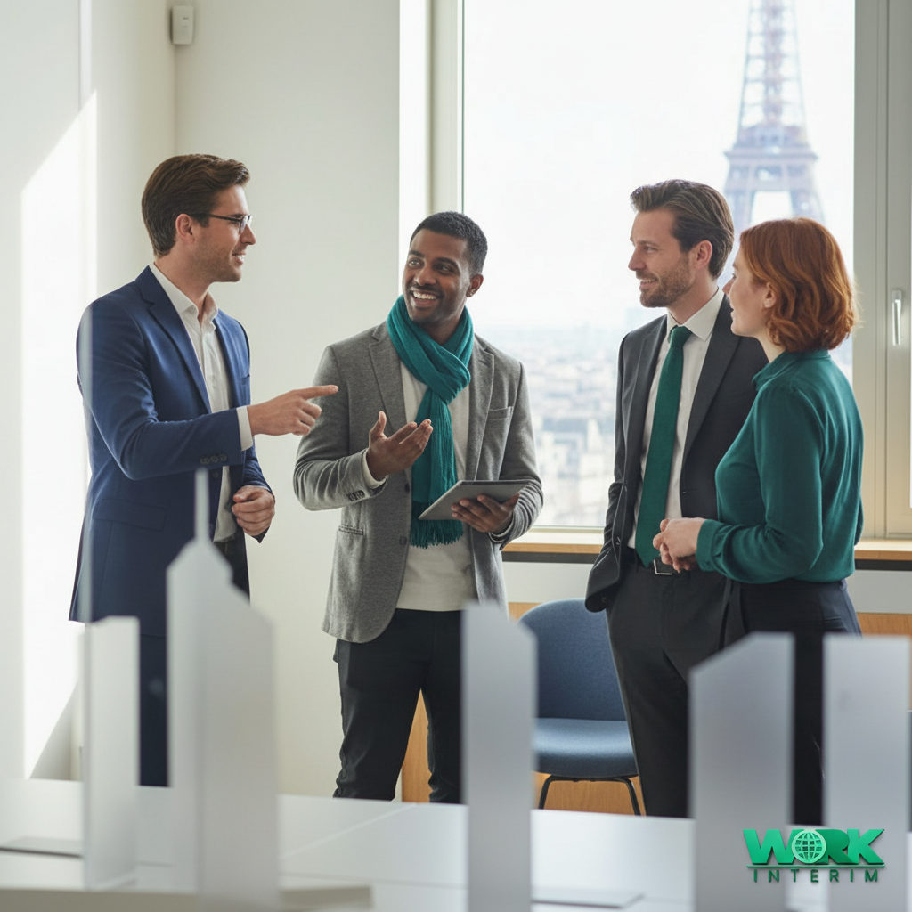 Recruteur examinant des documents avec un candidat intérimaire étranger.