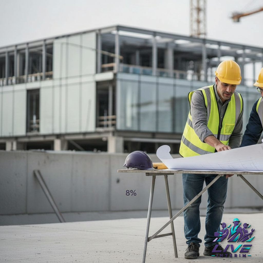 quelle assurance pour détachement roumain - Chantier de construction avec ouvriers discutant de plans pour détachement roumain.
