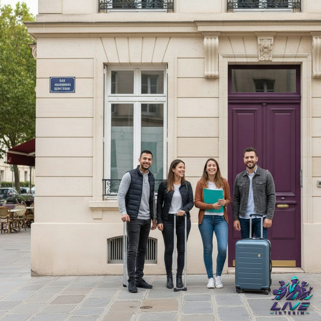 Travailleurs roumains souriants devant leur logement en France.