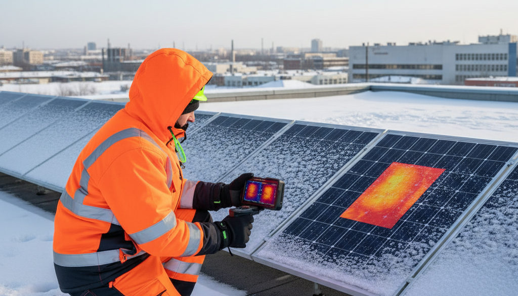Technik kontroluje solární panely termokamerou na zasněžené střeše.