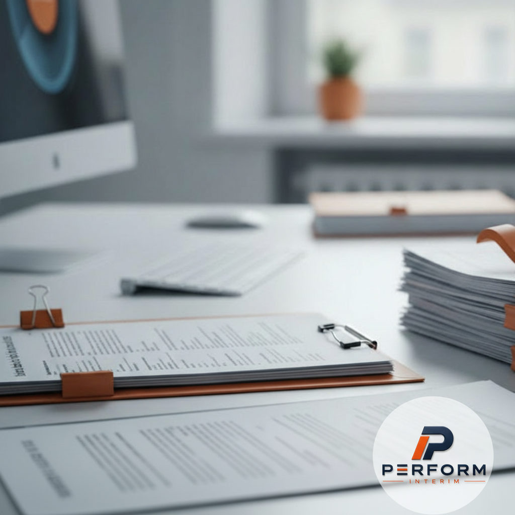 Bureau avec documents et logo Perform Intérim, gestion des contrats.