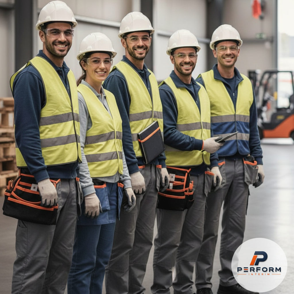 Travailleurs roumains souriants et équipés, succès professionnel en France.