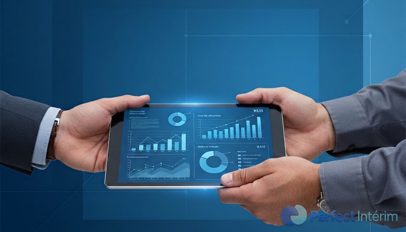 Mains de professionnels consultant une tablette avec graphiques RH.