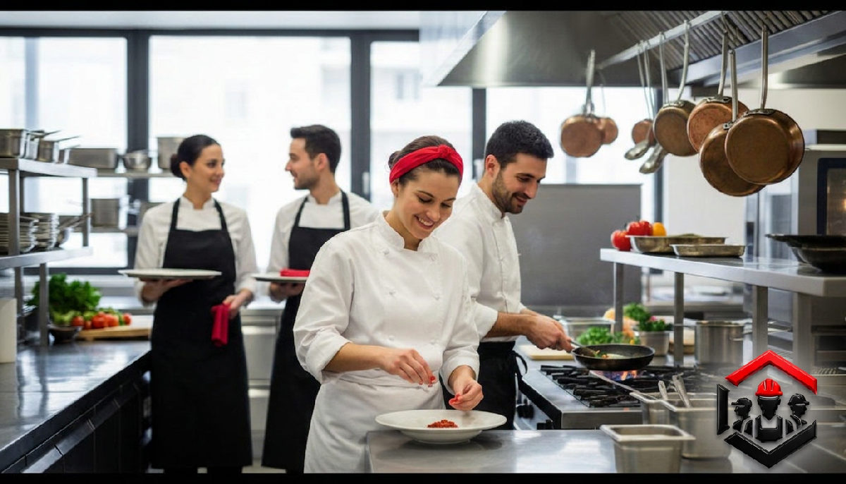 Équipe de restaurateurs roumains souriante dans une cuisine professionnelle.