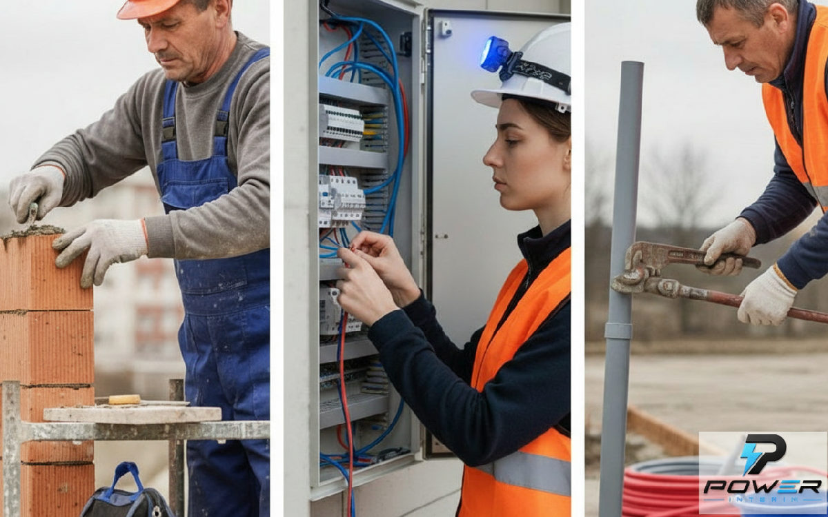 Collage de métiers du BTP, montrant la diversité des compétences roumaines.