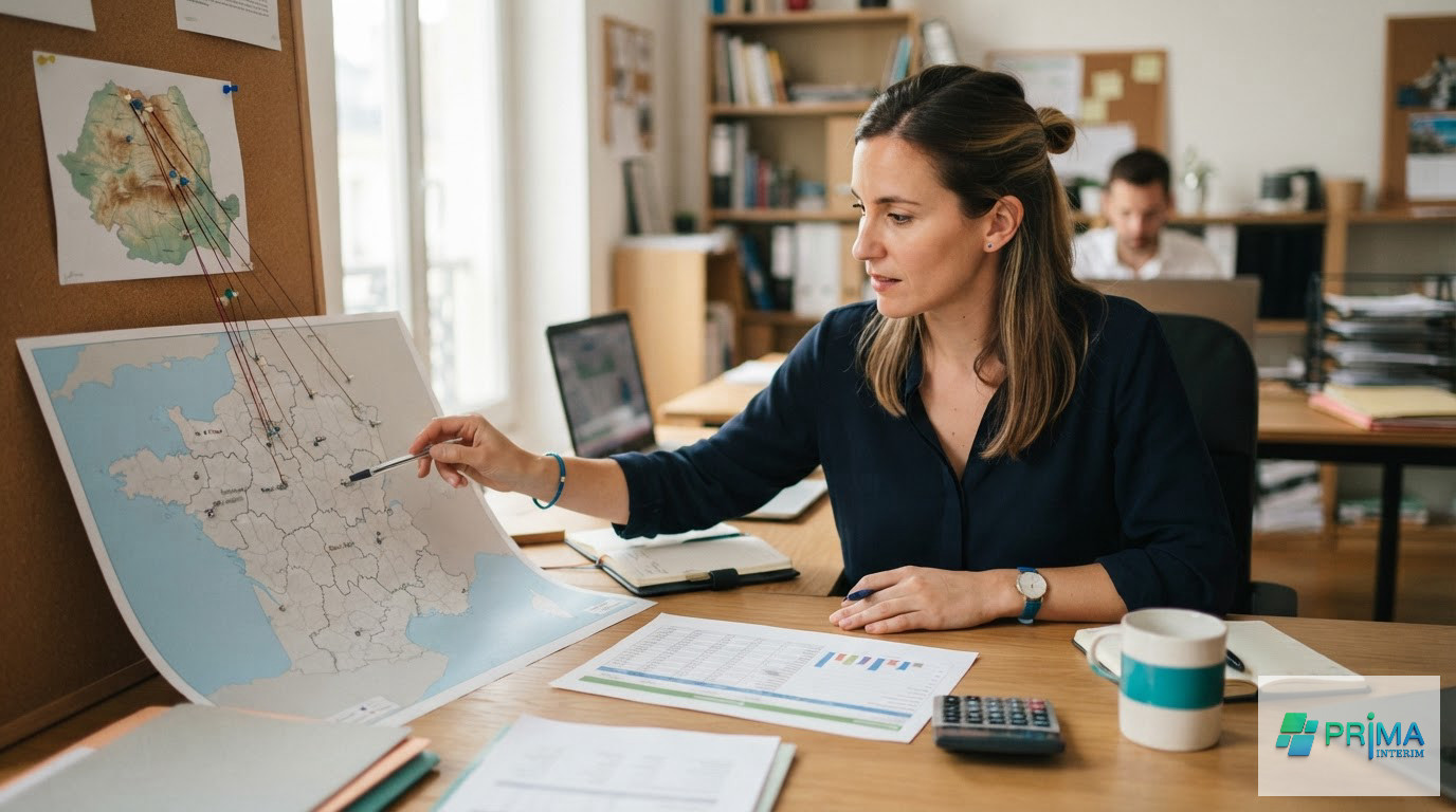 Bureau RH avec cartes de France et Roumanie pour la gestion logistique.