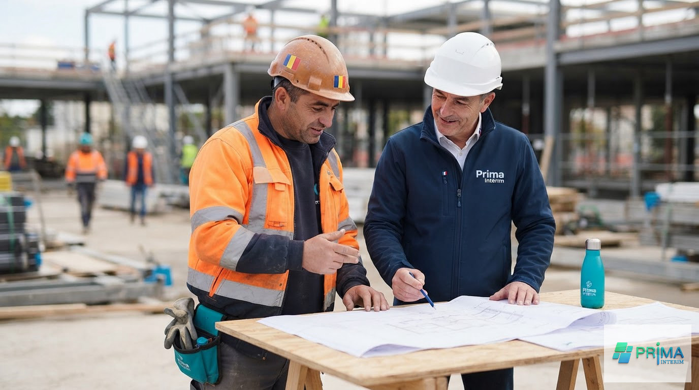 Ouvrier roumain et chef de chantier français étudiant des plans ensemble.