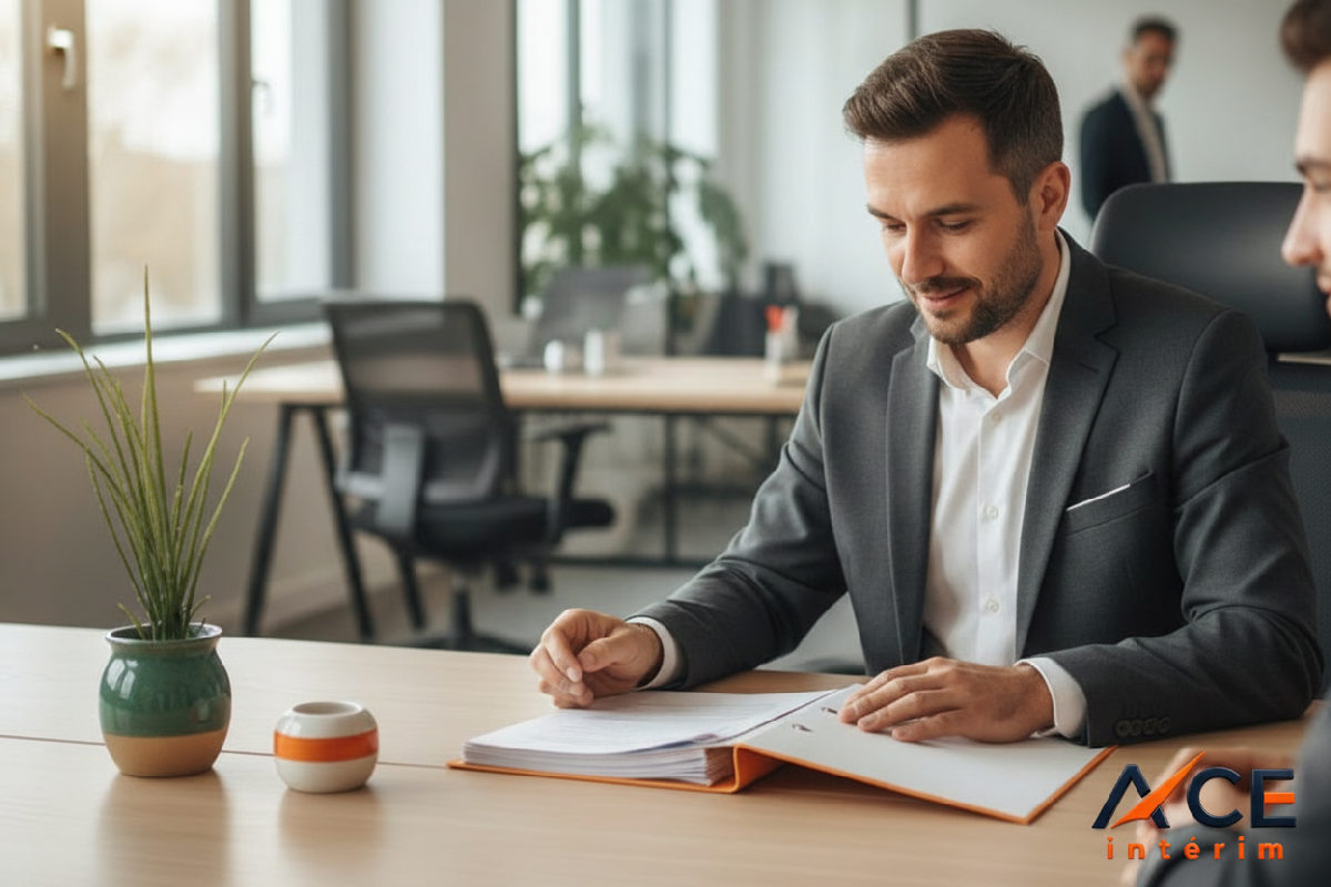 Consultant Ace Interim examinant un dossier d'ouvrier roumain.