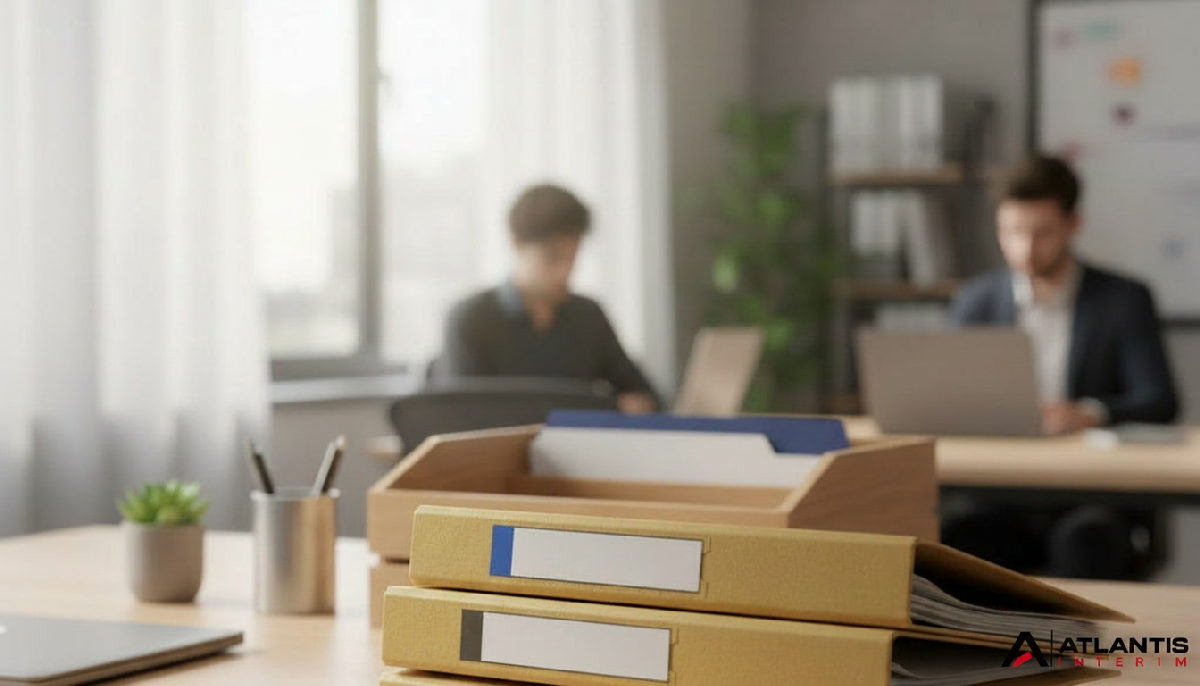 Bureau administratif avec dossiers étiquetés pour détachement de travailleurs roumains.