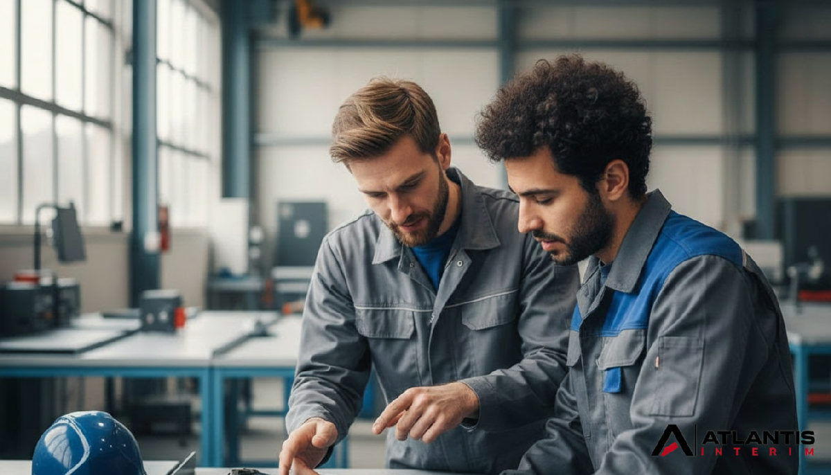 Techniciens français et roumain échangeant sur un plan technique dans un atelier.