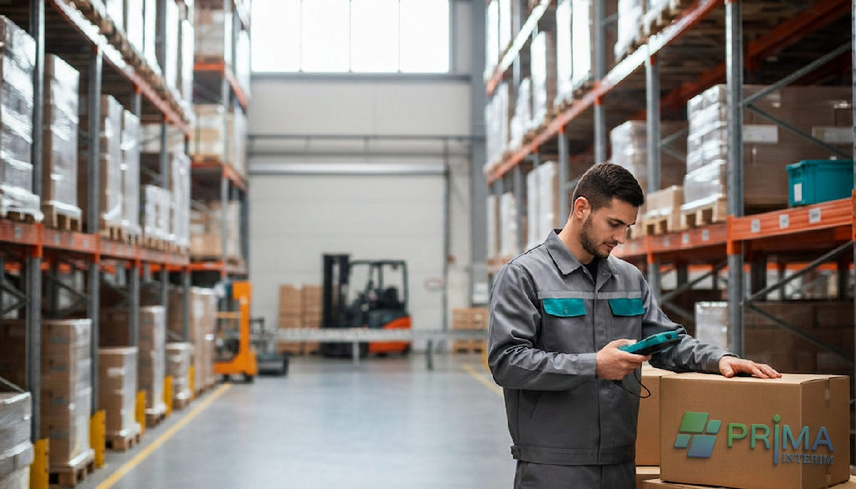 Préparateur de commandes roumain dans un entrepôt logistique moderne.