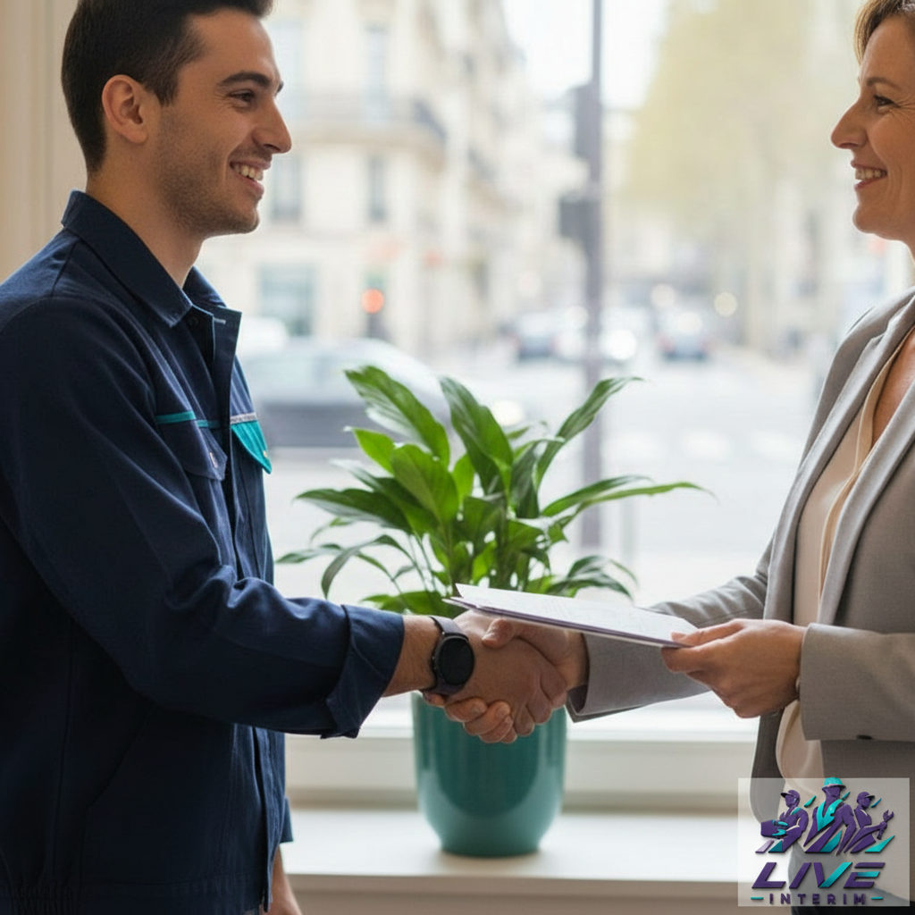 Interaction positive entre un responsable d'agence et un travailleur roumain.