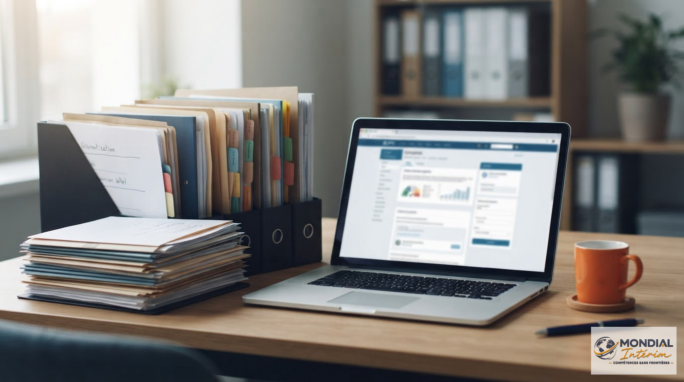 Un bureau administratif gérant les documents de conformité et le portail SIPSI.