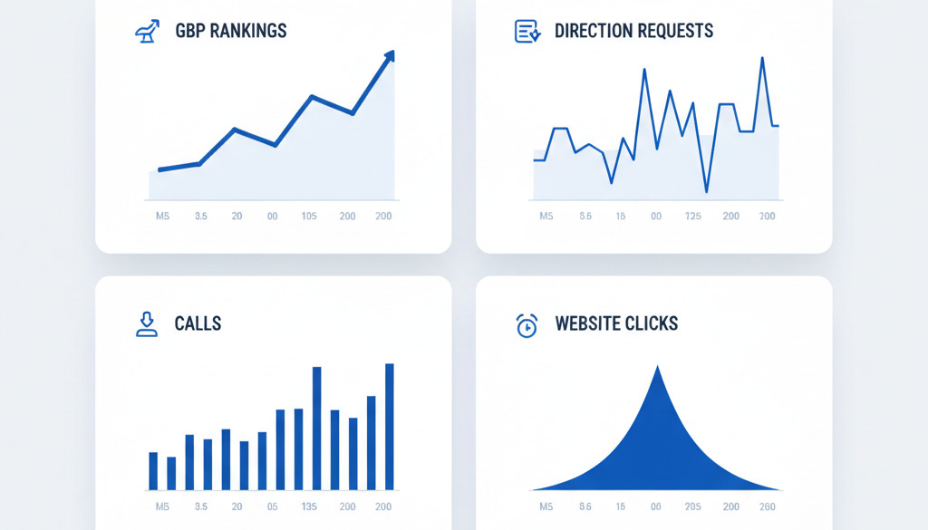 Google Business Profile analytics dashboard showing key performance metrics.