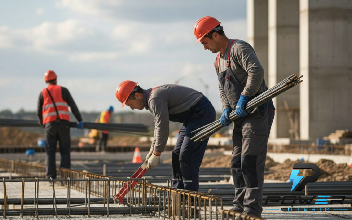 Équipe de travailleurs en plein ferraillage sur un grand chantier.