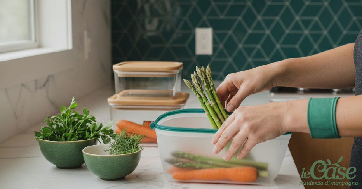 Mani che sistemano verdure fresche in contenitori riutilizzabili.