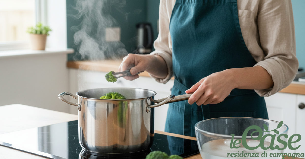 Broccoli verdi che vengono sbollentati in una cucina luminosa.