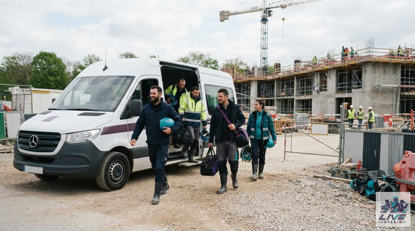 Des travailleurs arrivant sur un chantier français via une navette logistique sécurisée.
