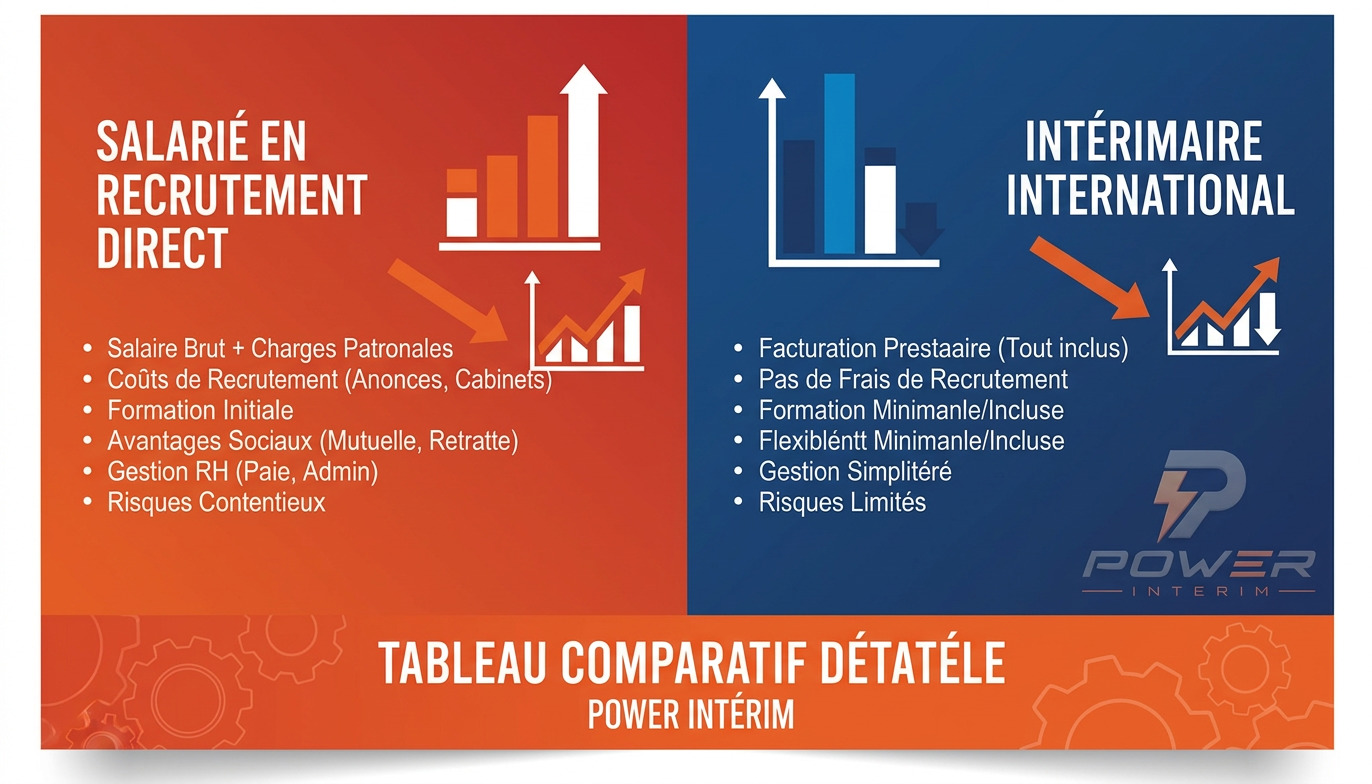 Tableau comparatif des coûts pour un salarié direct et un intérimaire international.