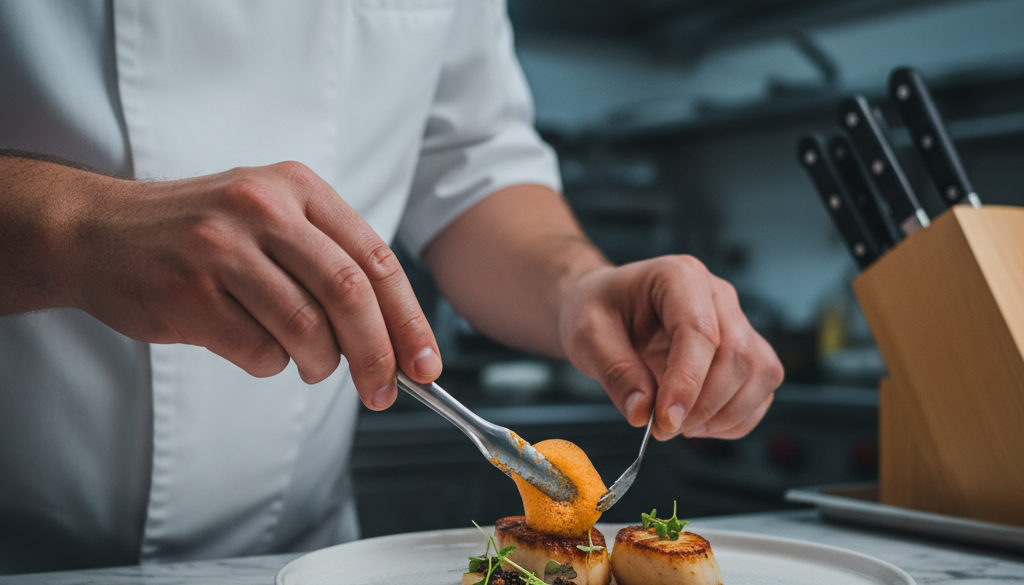 Mains expertes préparant un plat dans une cuisine professionnelle.