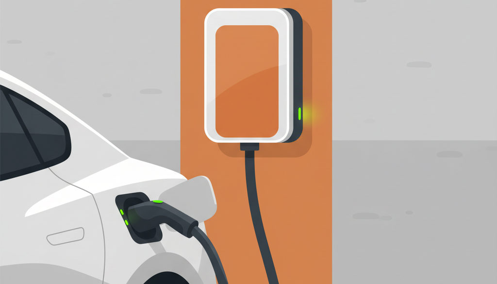 domácí nabíjecí stanice pro elektromobily cena - Domácí nabíječka elektromobilu zapojená do auta v garáži.