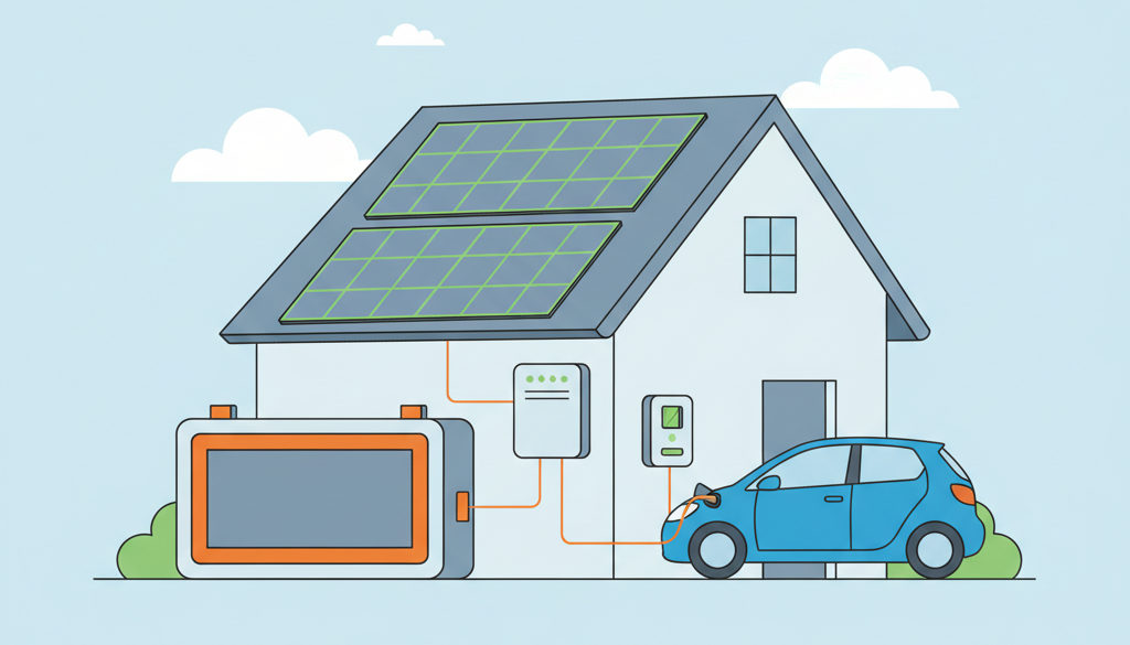 Schéma zapojení solárních panelů, baterie a nabíječky pro elektromobil.