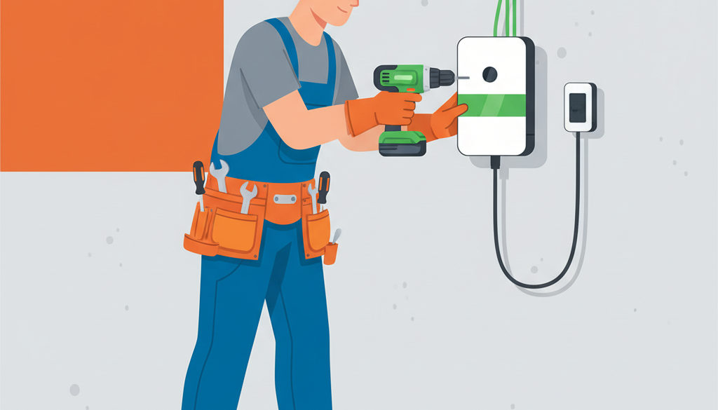 Instalace moderního wallboxu elektrikářem v garáži.