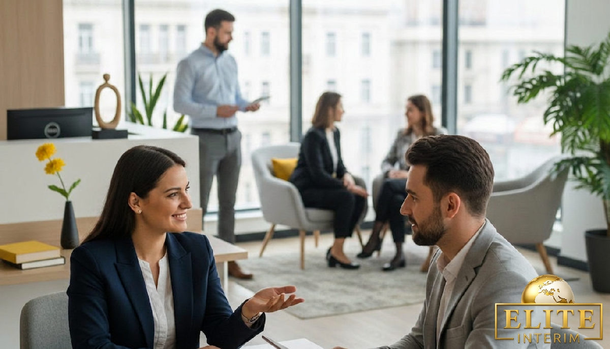 Consultants d'Elite Intérim discutant avec des candidats à Bucarest.
