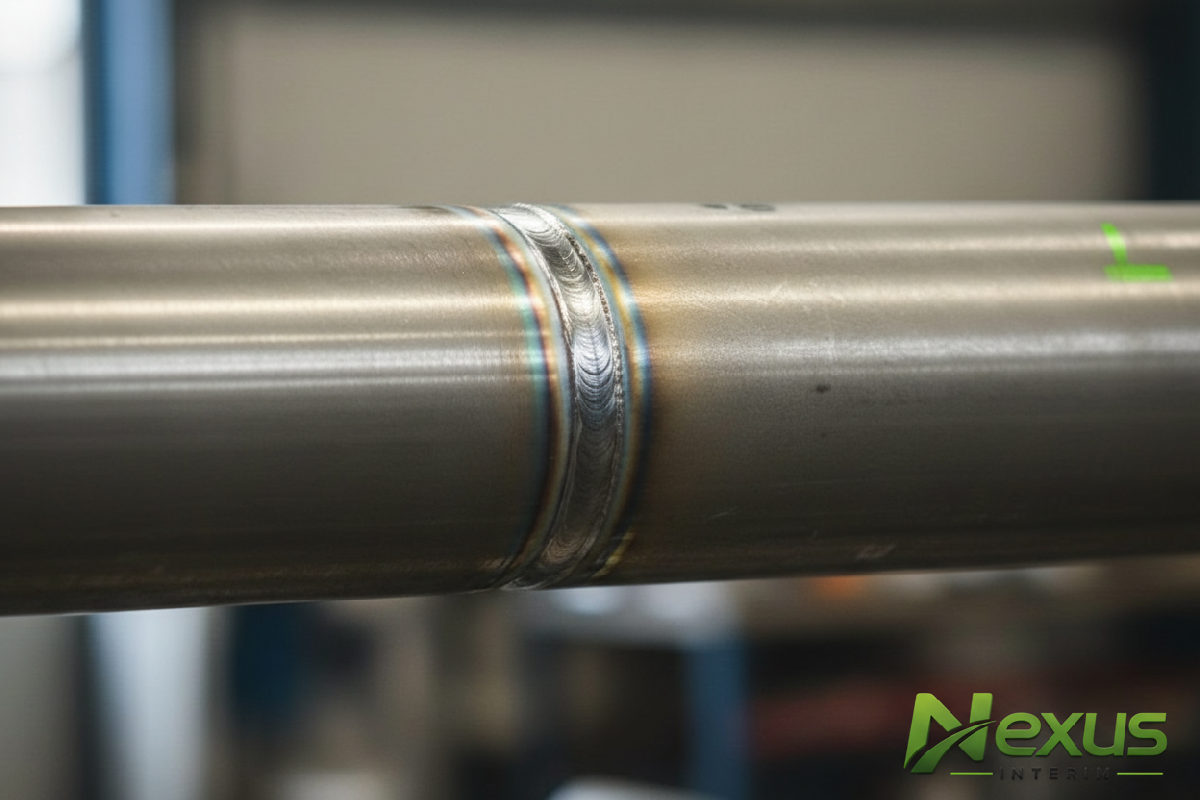 Gros plan sur une soudure TIG parfaite sur acier inoxydable.