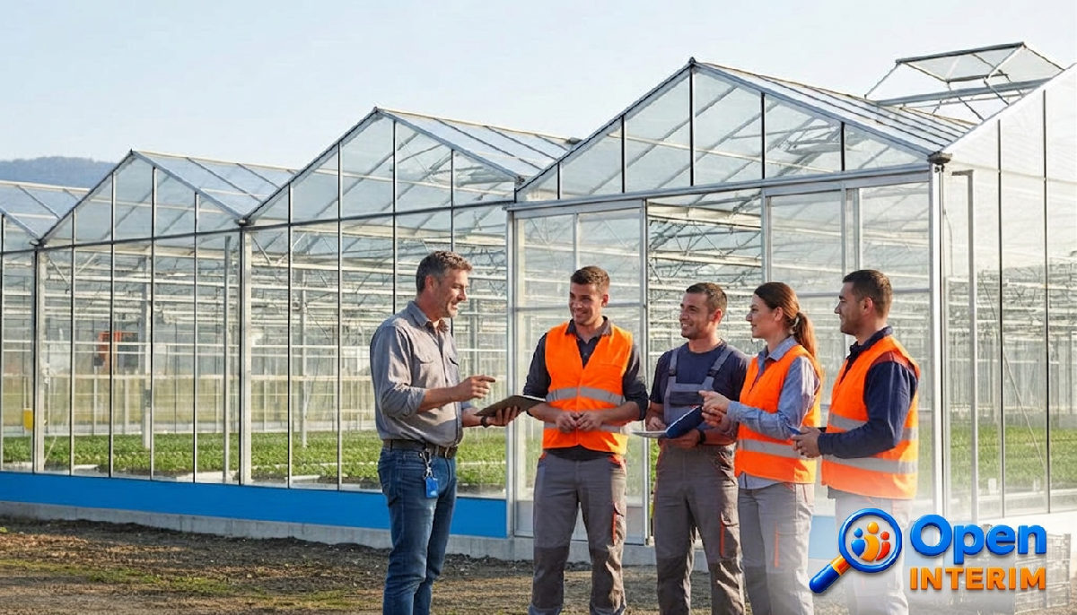 Exploitant agricole français discutant avec des travailleurs roumains devant une serre.
