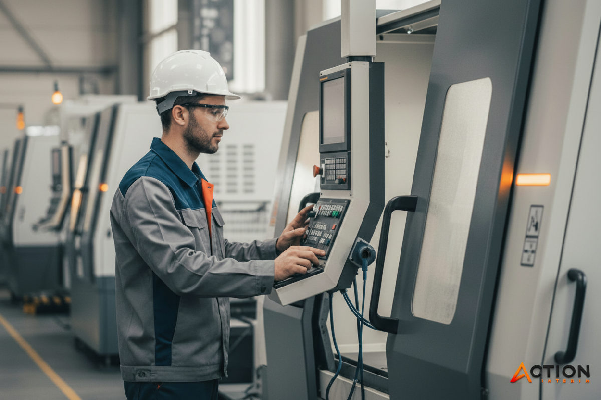 Technicien roumain opérant une machine de précision.