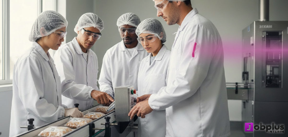 Équipe diversifiée d'ouvriers qualifiés dans une usine agroalimentaire moderne.