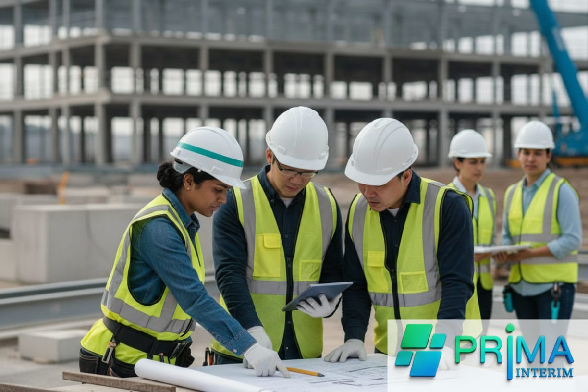 Ingénieurs et techniciens examinant des plans sur un chantier.