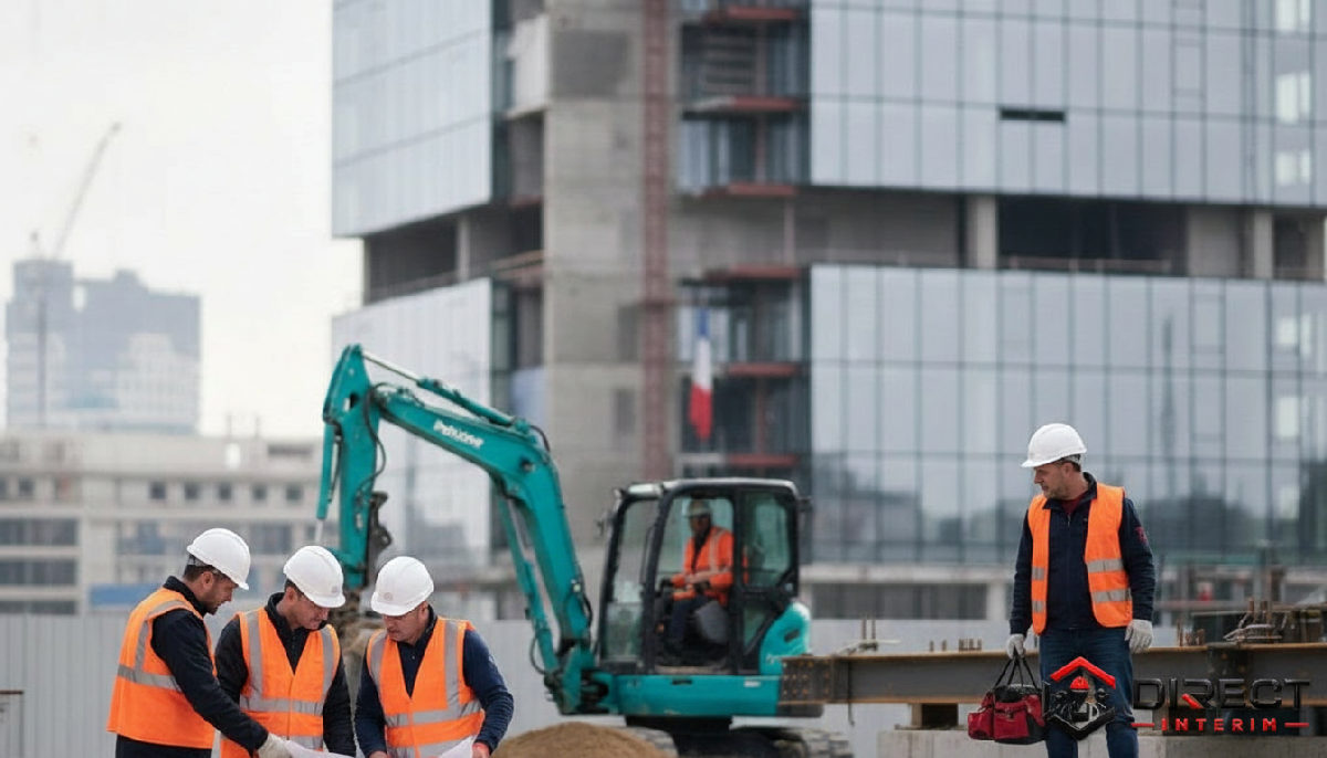 Ouvriers roumains en équipement de sécurité sur un chantier en France.