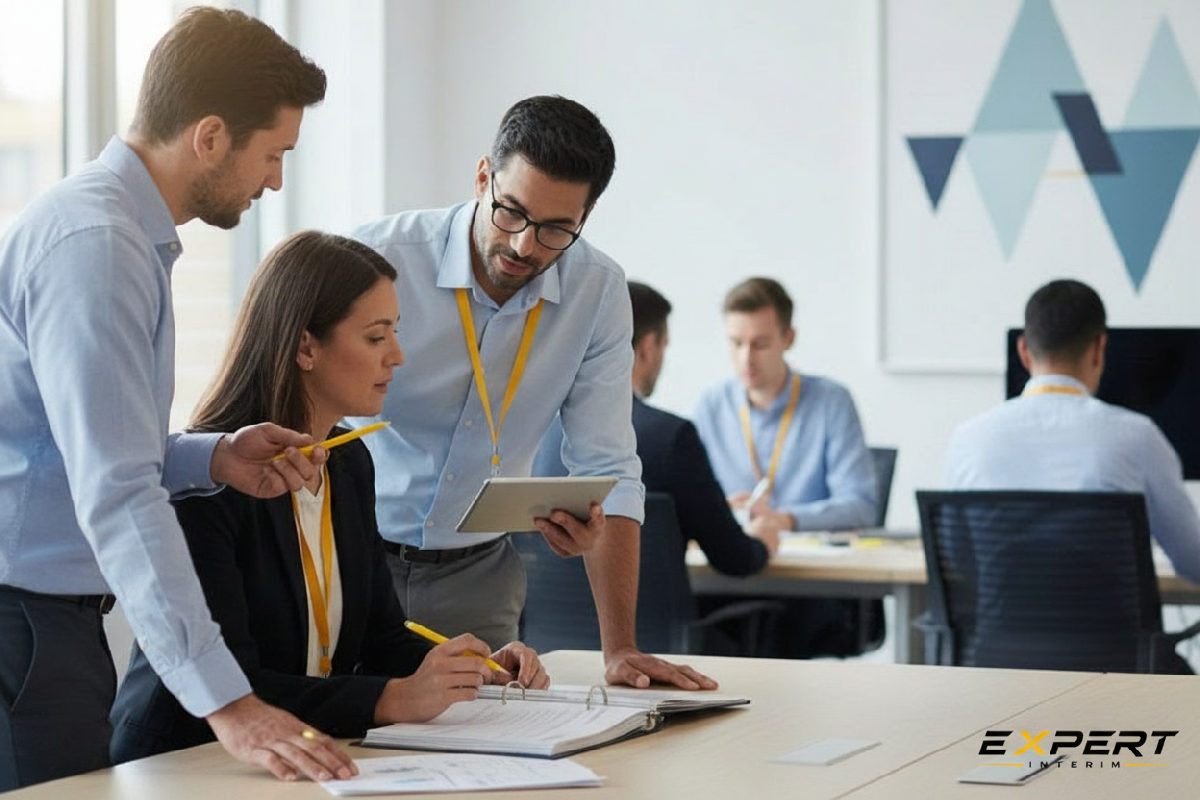 intérim rentrée scolaire - Équipes professionnelles en action dans un bureau dynamique pour la rentrée.